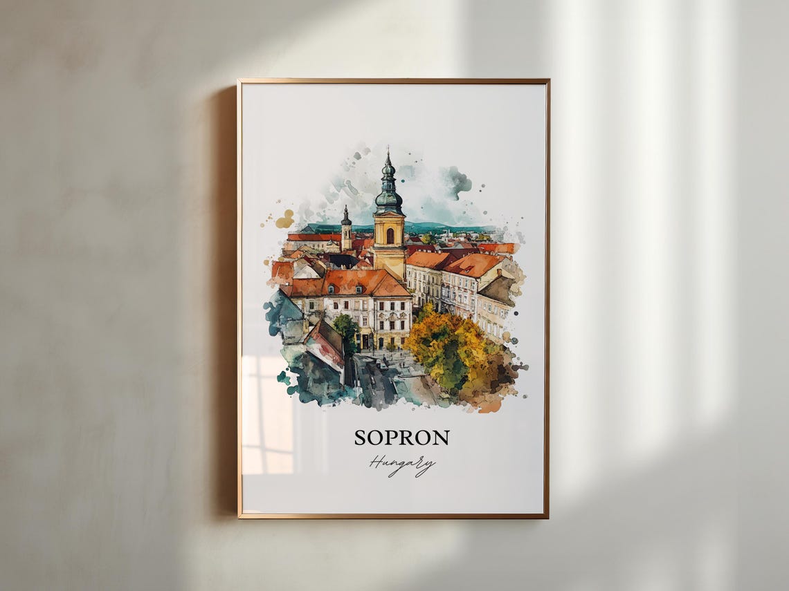 Sopron Hungary Watercolor Church Tower Old Town Red Roofs View Poster - Image 3