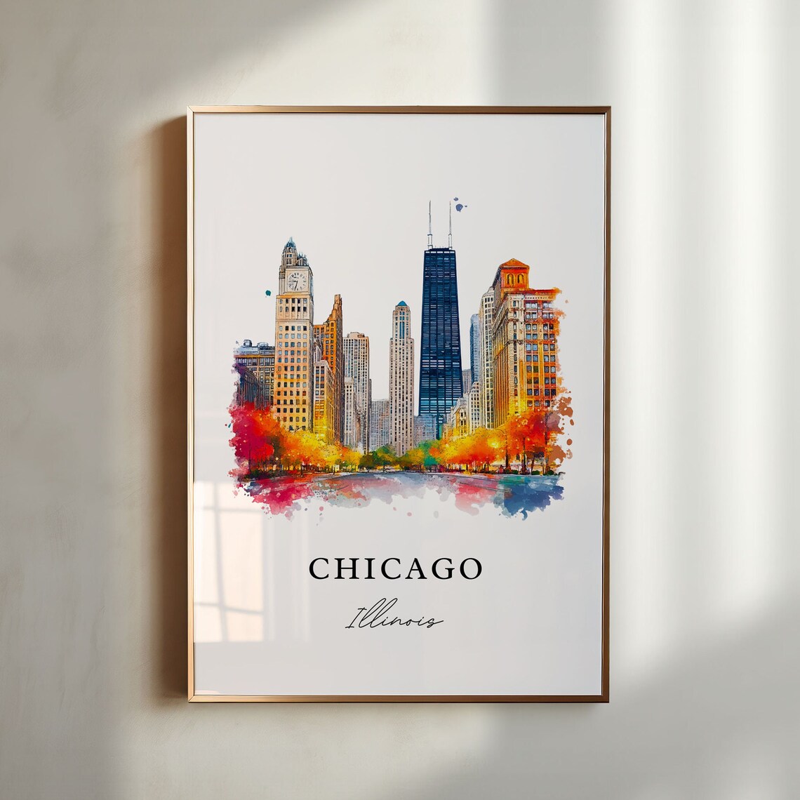 Chicago Watercolor Skyline Travel Poster, Illinois