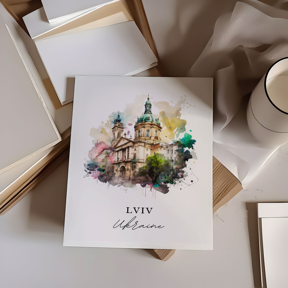 Lviv Ukraine Green Domed Cathedral Watercolor Art Travel Poster - Image 6
