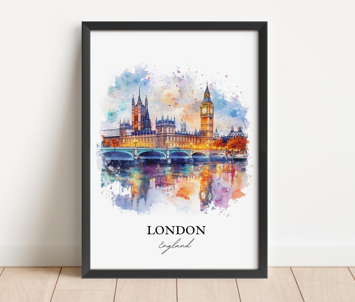 London England Watercolor Big Ben Parliament Thames Travel Poster - Image 2