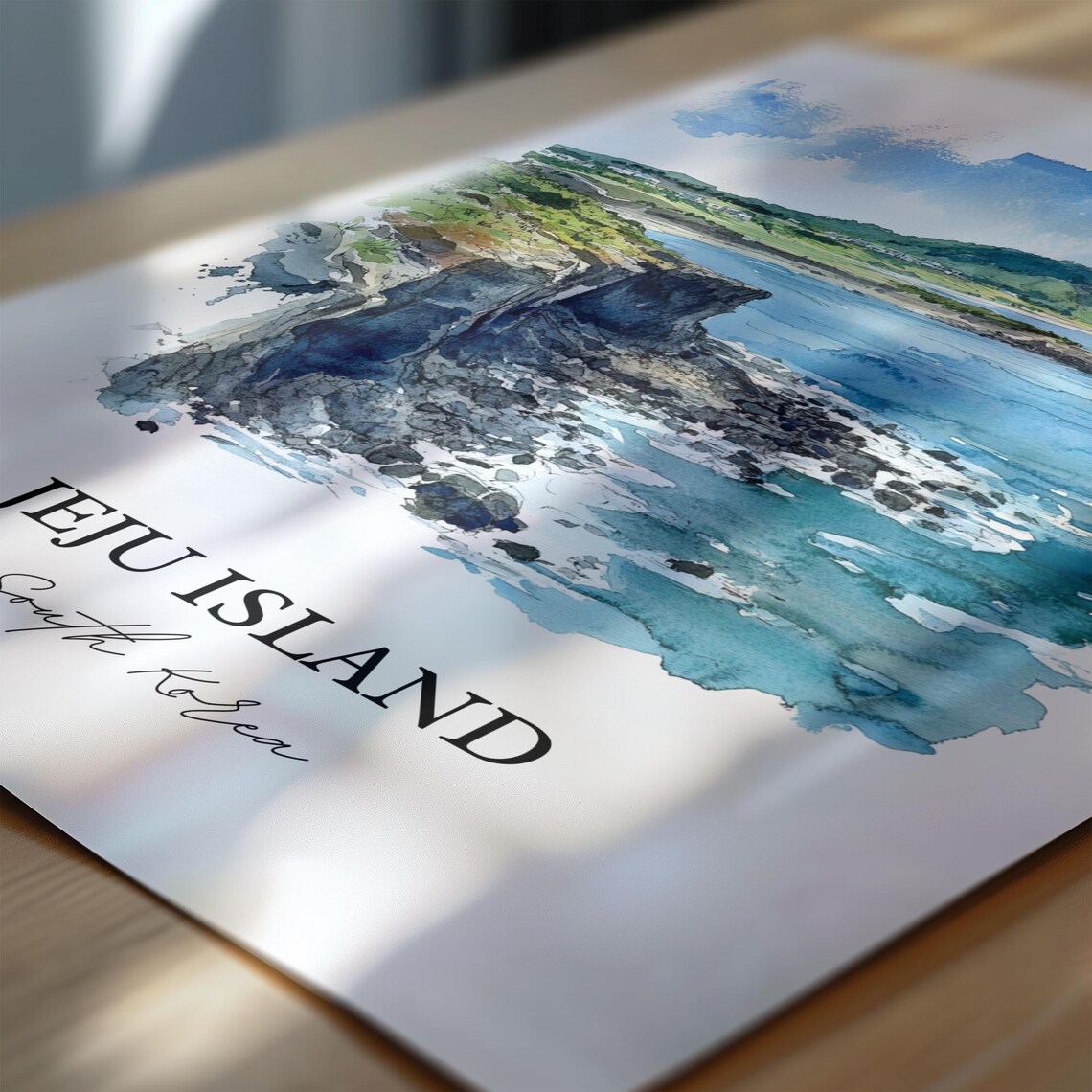 Jeju Island South Korea Volcanic Coast Cliffs Watercolor Travel Poster - Image 6