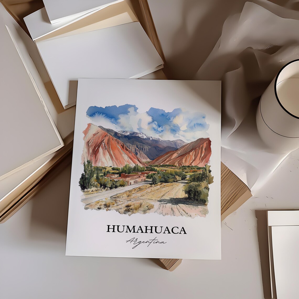 Humahuaca Argentina Red Rock Canyon Valley Village Watercolor Poster - Image 3