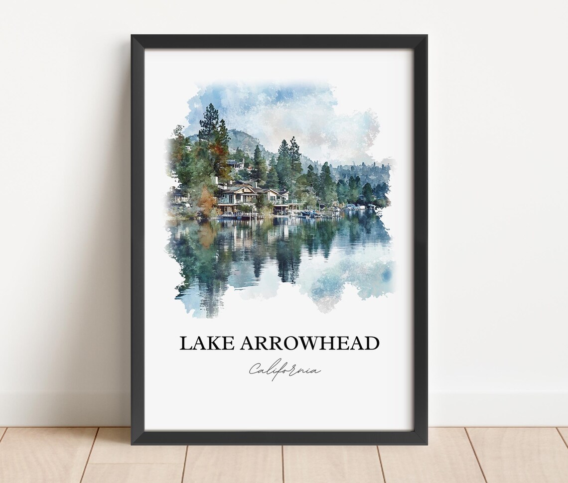 Lake Arrowhead California Lakeside Cabins Watercolor Travel Poster - Image 3