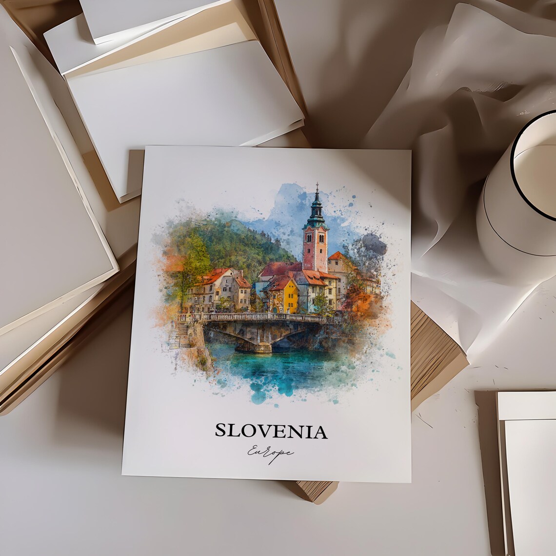 Slovenia Europe Riverside Church Tower Watercolor Travel Poster - Image 2
