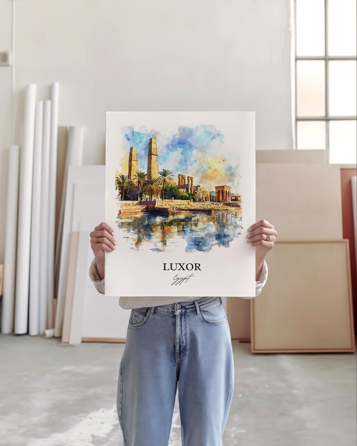 Luxor Egypt Ancient Temple Nile River Watercolor Travel Poster - Image 4