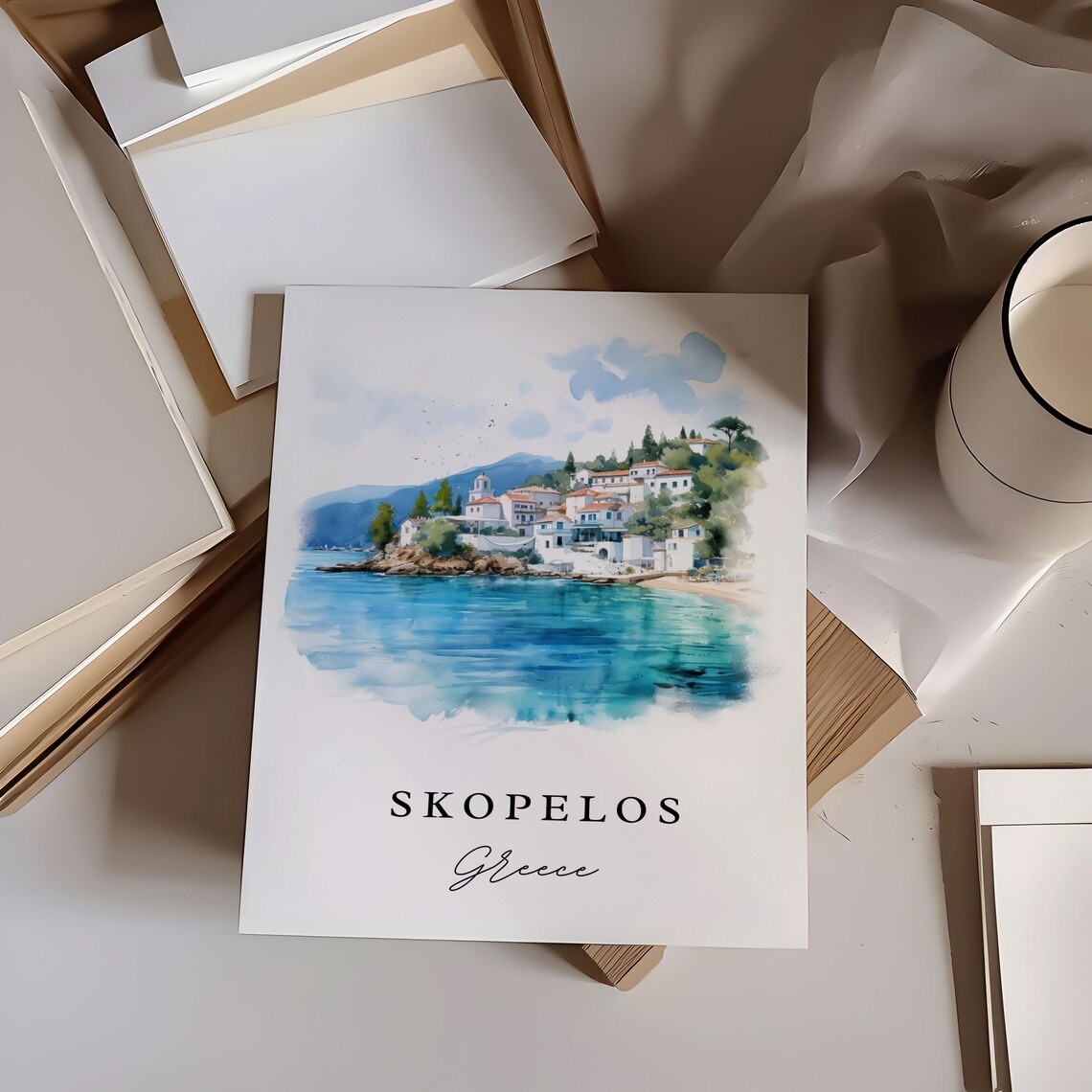 Skopelos Greece Aegean Island White Town Watercolor Travel Poster - Image 6