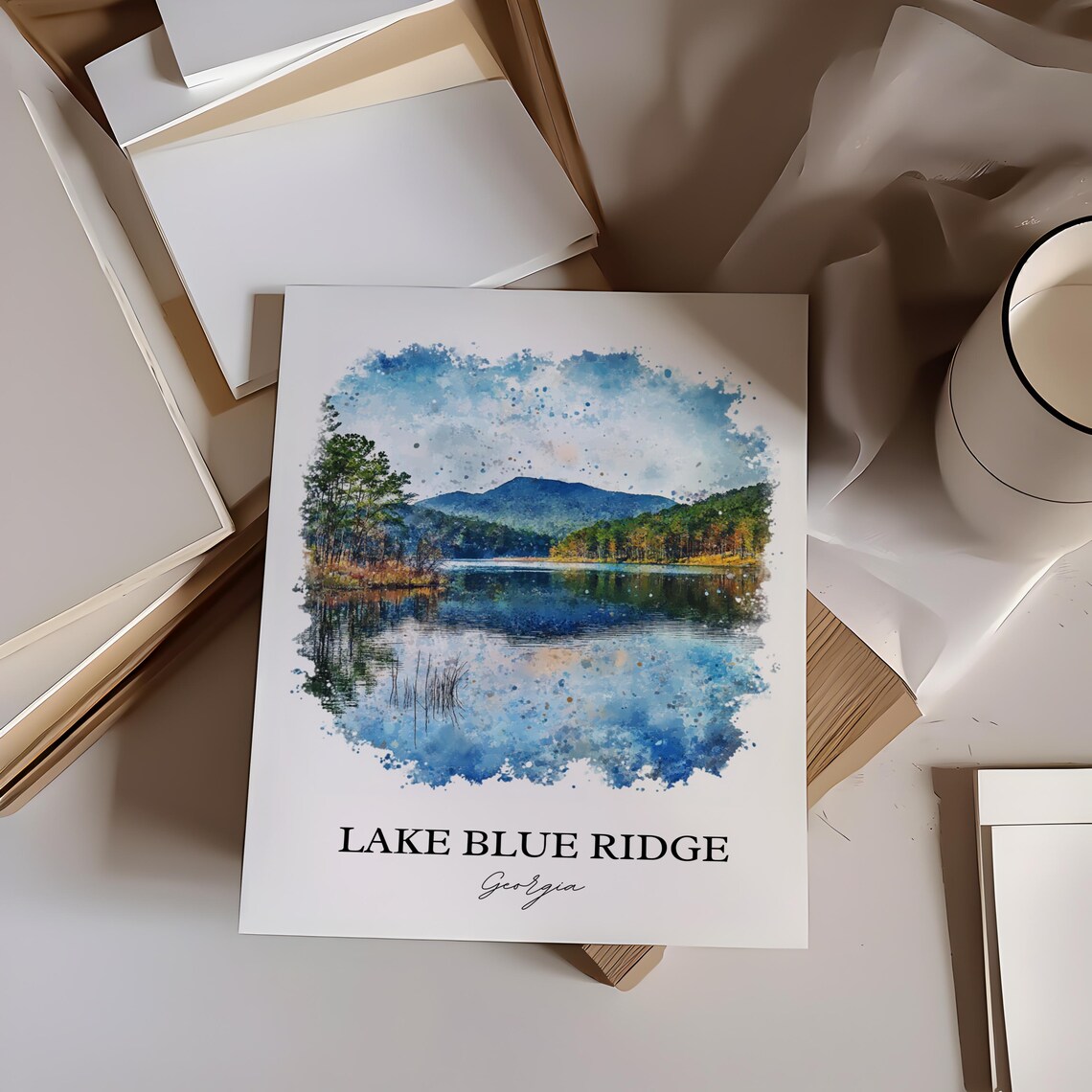 Lake Blue Ridge Georgia Mountain Lake Reflection Watercolor Poster - Image 3