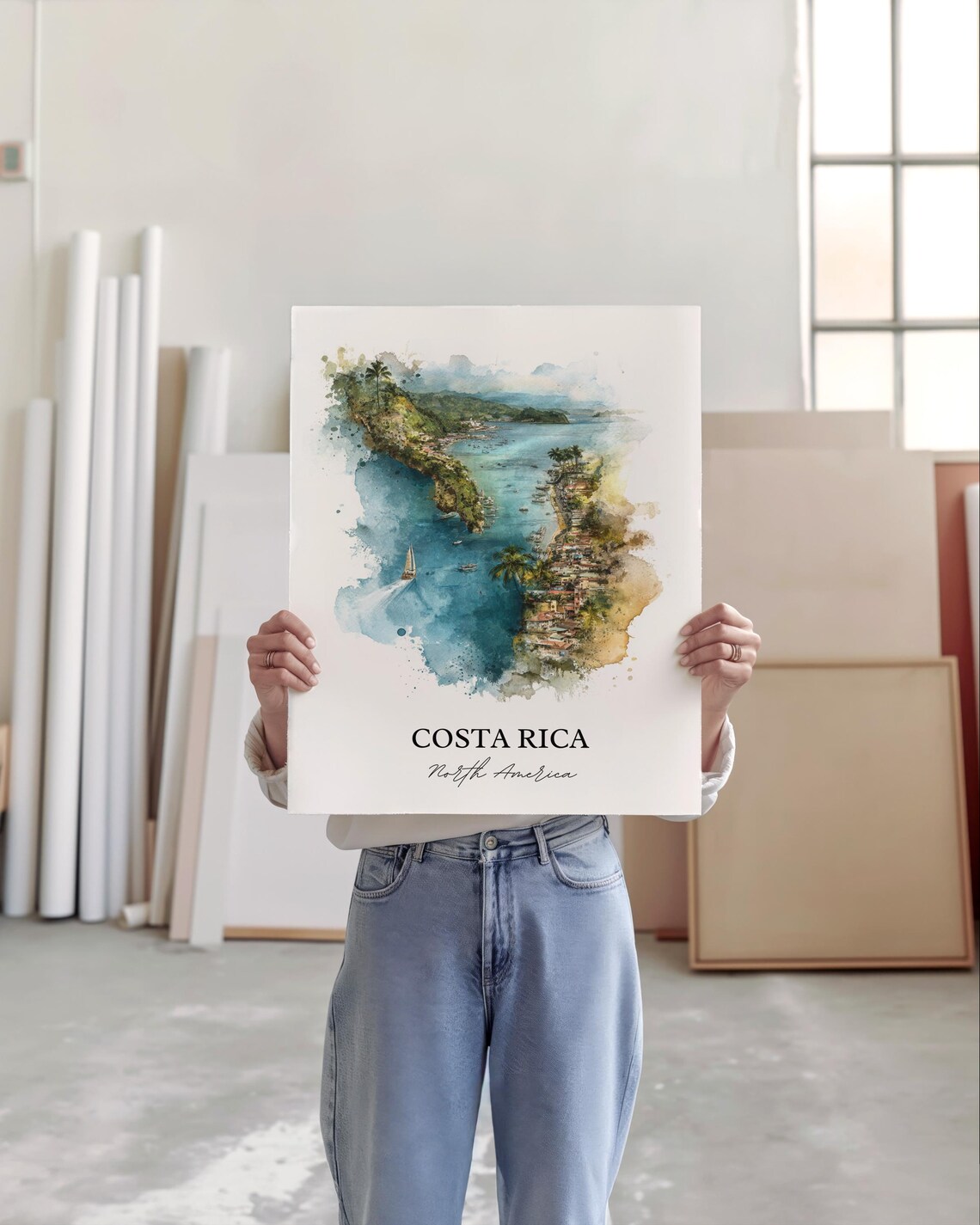 Costa Rica Tropical Coastline Sailboat Bay Watercolor Art Poster - Image 3