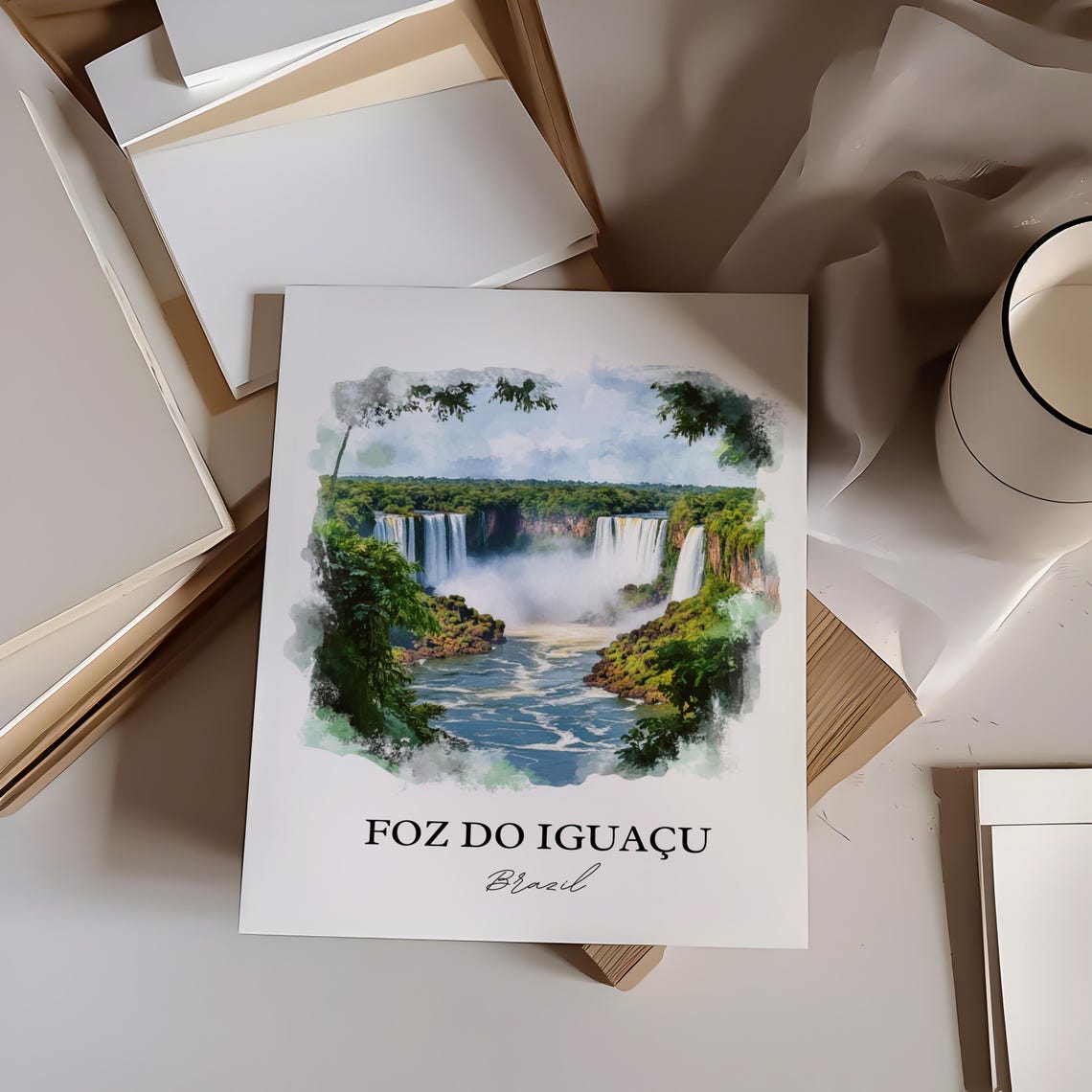Foz do Iguacu Brazil Waterfall Watercolor Rainforest Scene Poster - Image 2