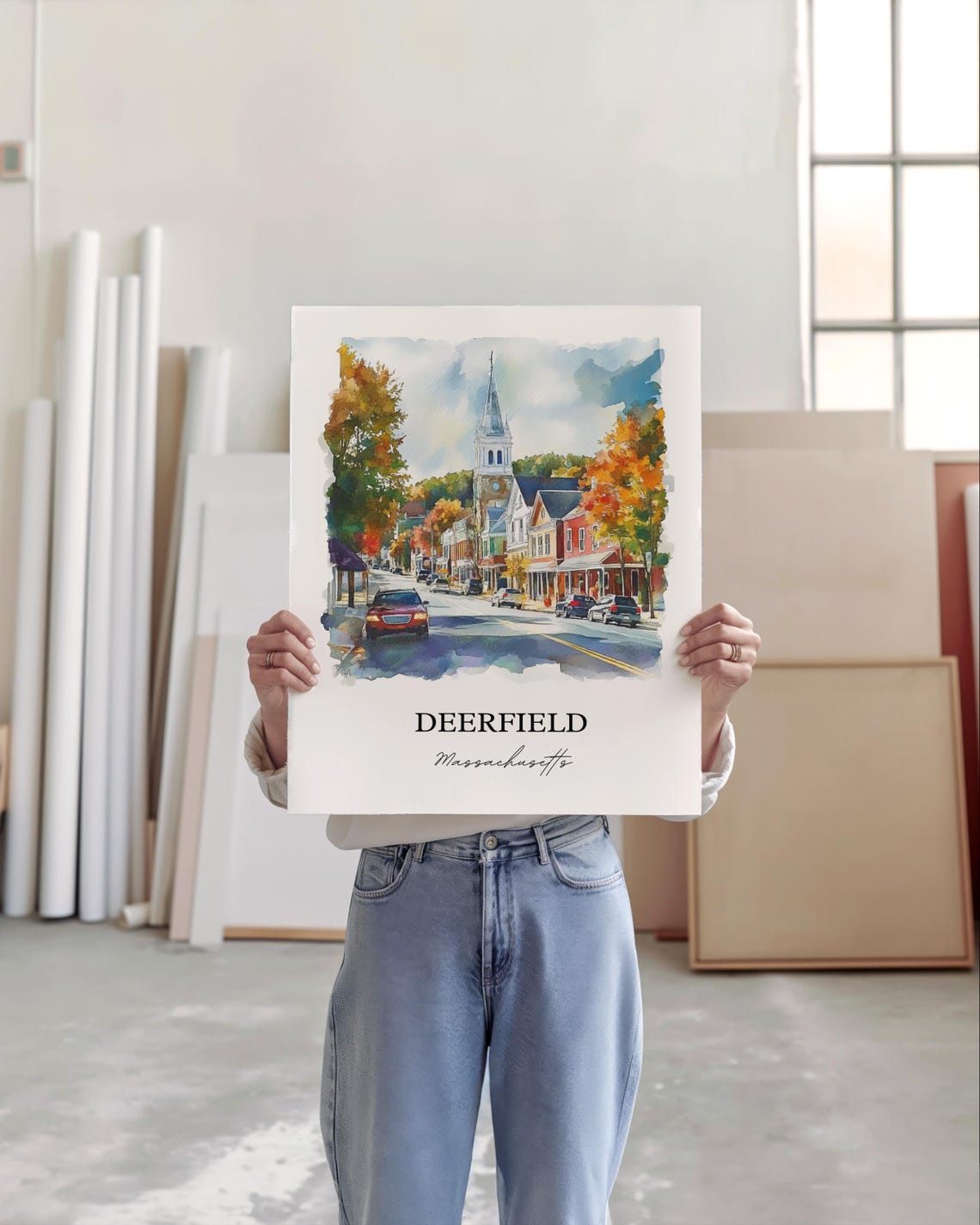 Deerfield Massachusetts Watercolor Fall Church Street Art Poster - Image 3