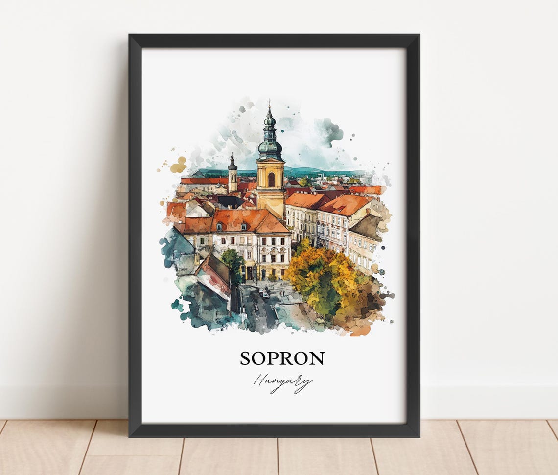 Sopron Hungary Watercolor Church Tower Old Town Red Roofs View Poster - Image 2
