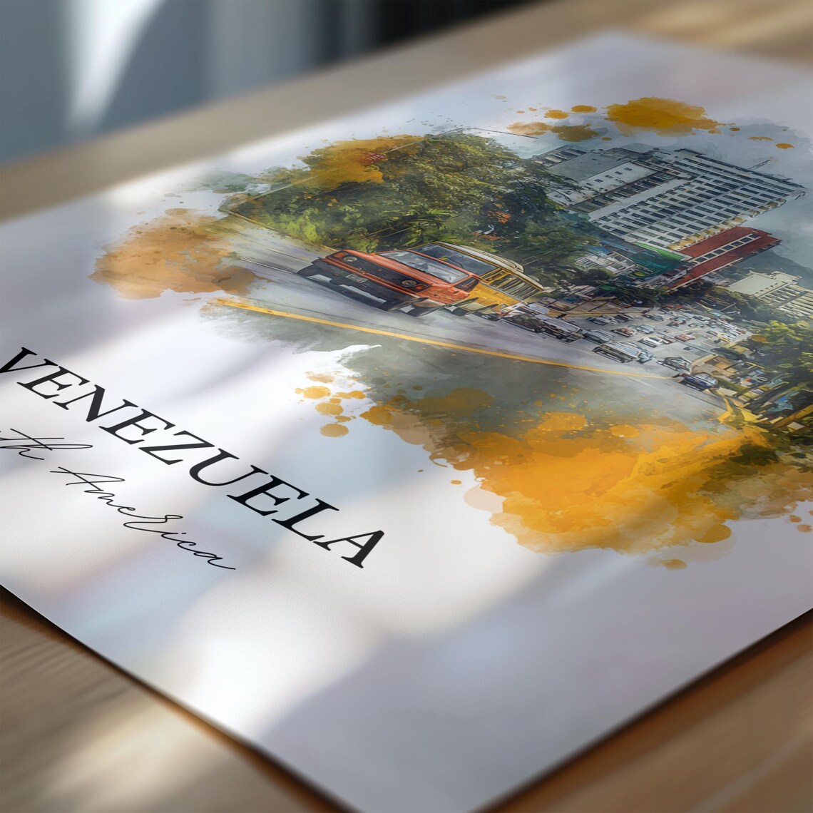 Venezuela South America Bustling City Avenue Watercolor Poster - Image 6