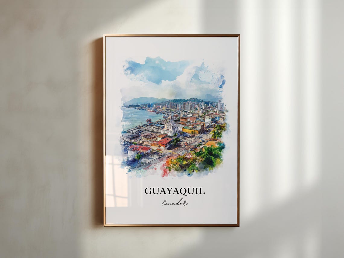 Guayaquil Ecuador Watercolor Harbor Cityscape River Travel Poster - Image 6