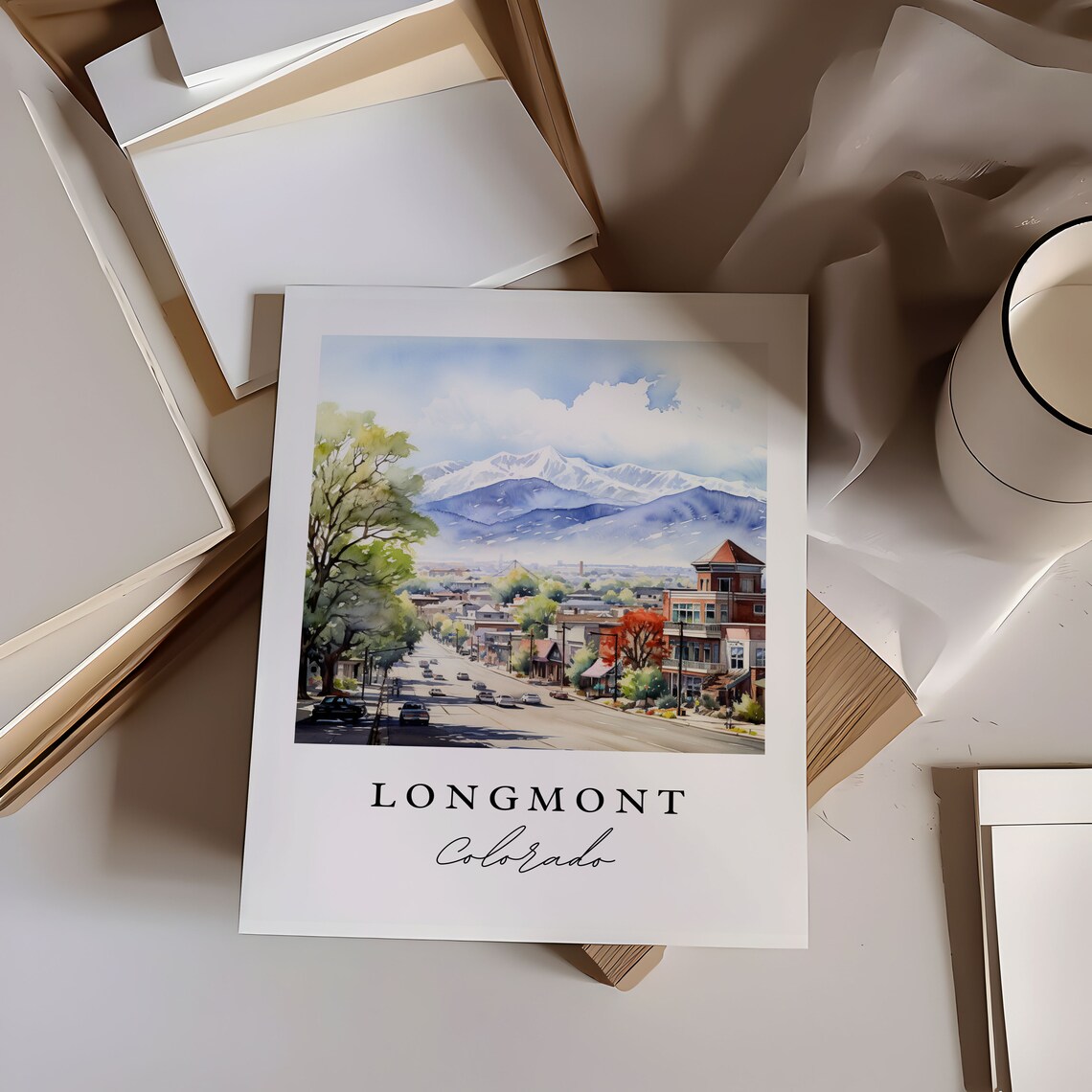 Longmont Colorado Main Street Mountain View Watercolor Travel Poster - Image 6