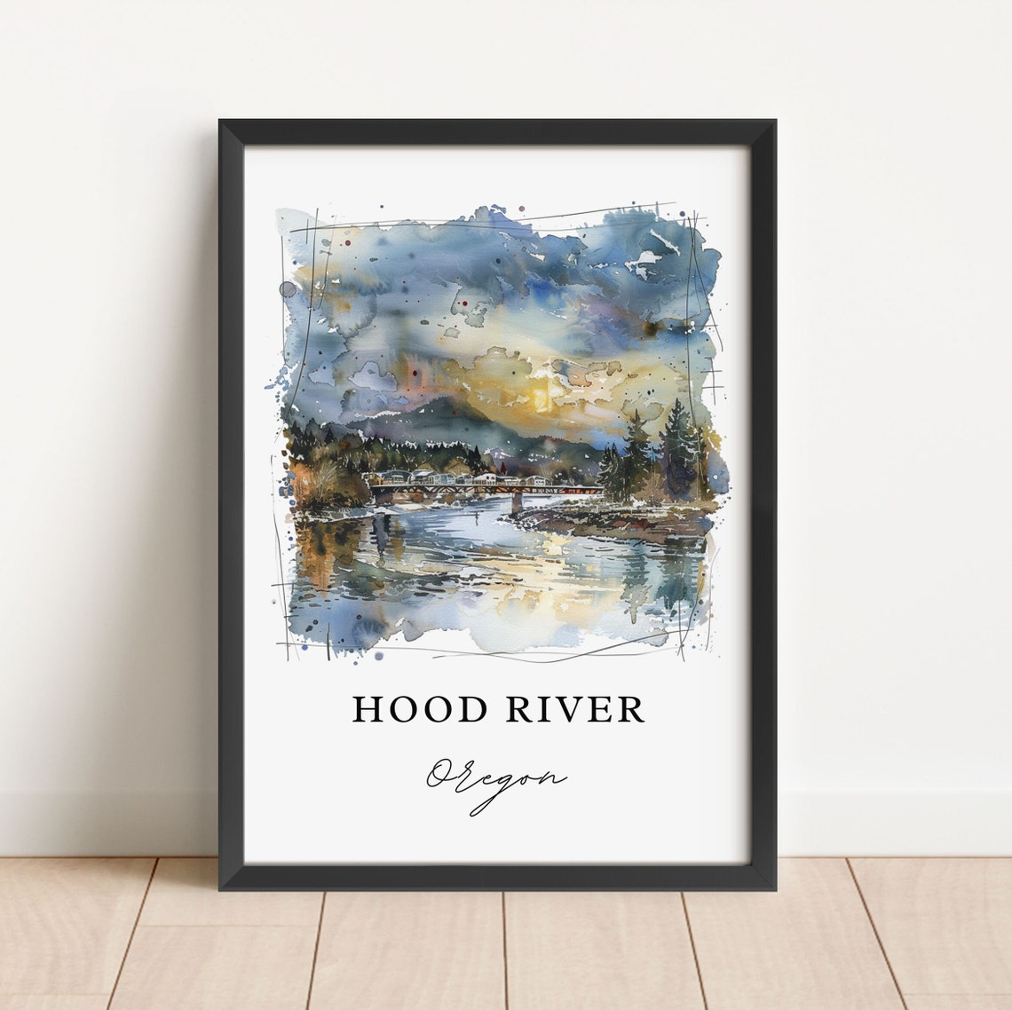 Hood River Oregon Watercolor Sunset Bridge Mountain View Poster