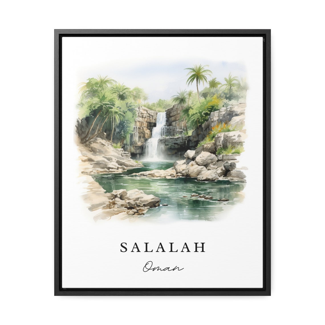 Salalah Oman Watercolor Waterfall Oasis Palm Trees Nature Poster - Image 2
