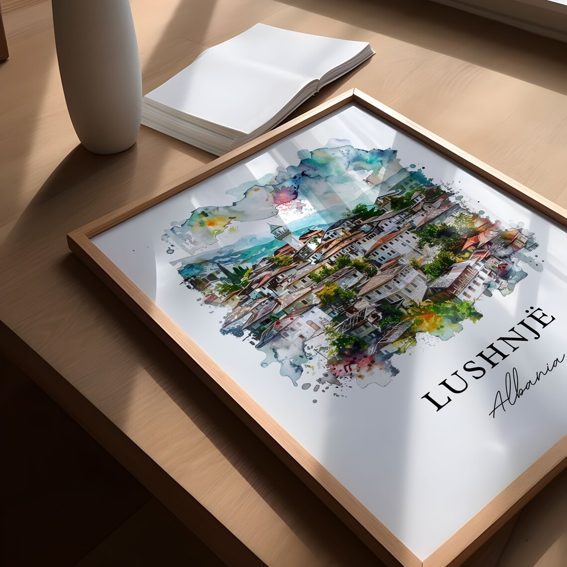 Lushnje Albania Hillside Old Town Charming Watercolor Travel Poster - Image 5