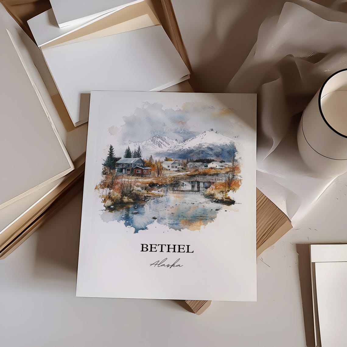 Bethel Alaska Riverside Village Snowy Mountains Watercolor Poster - Image 3