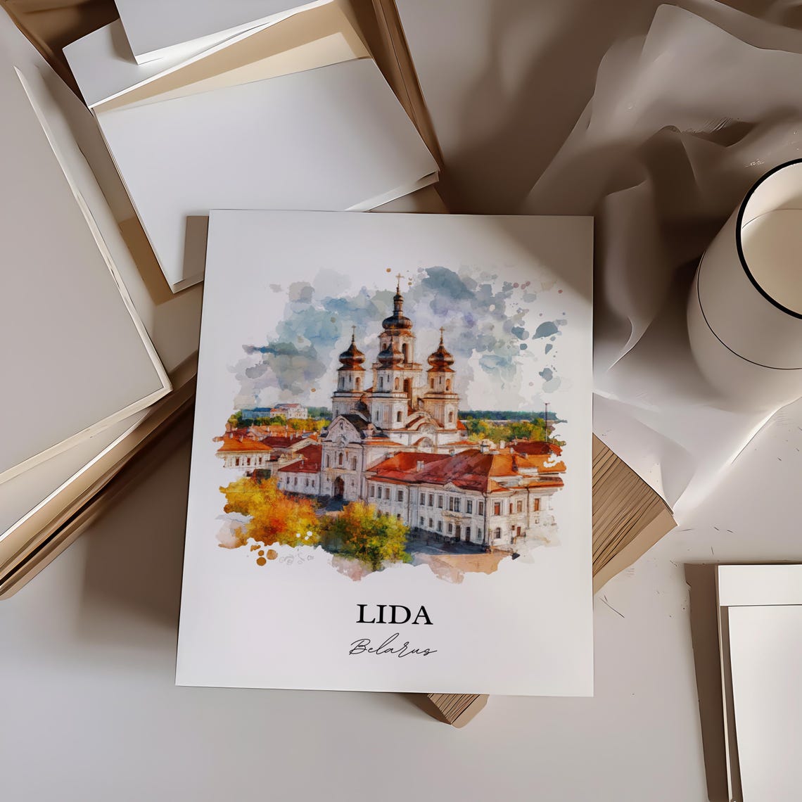 Lida Belarus Watercolor Onion Domed Cathedral Historic Old Town Poster - Image 2