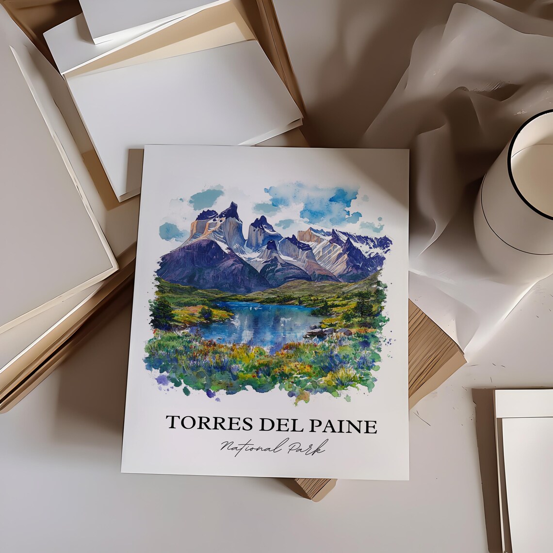 Torres del Paine National Park Watercolor Mountain Scene Poster - Image 3