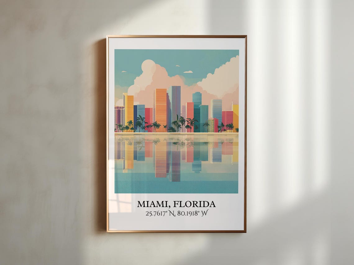 Miami Florida Skyline Palms Water Reflection Retro Travel Art Poster - Image 5