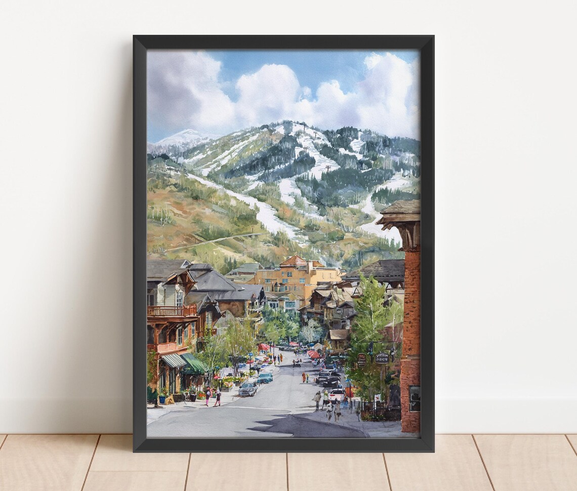 Park City Utah Ski Town Main Street Mountain Slopes Watercolor Wall Art