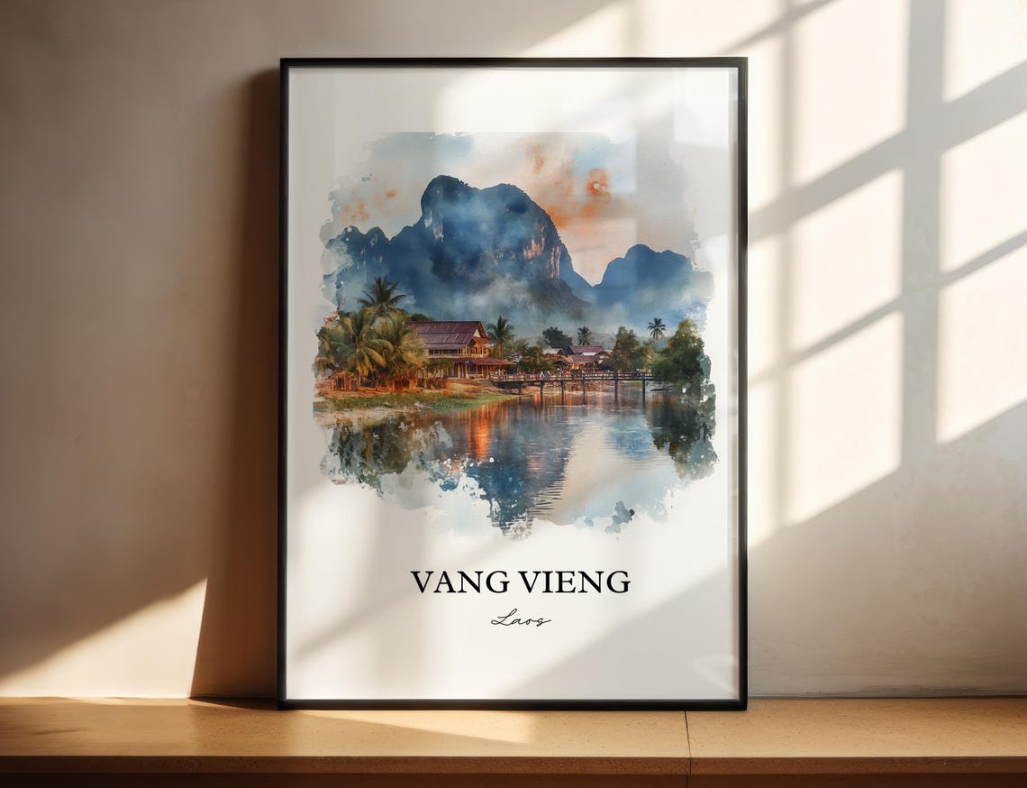 Vang Vieng Laos Watercolor Karst Mountains Sunset River Poster