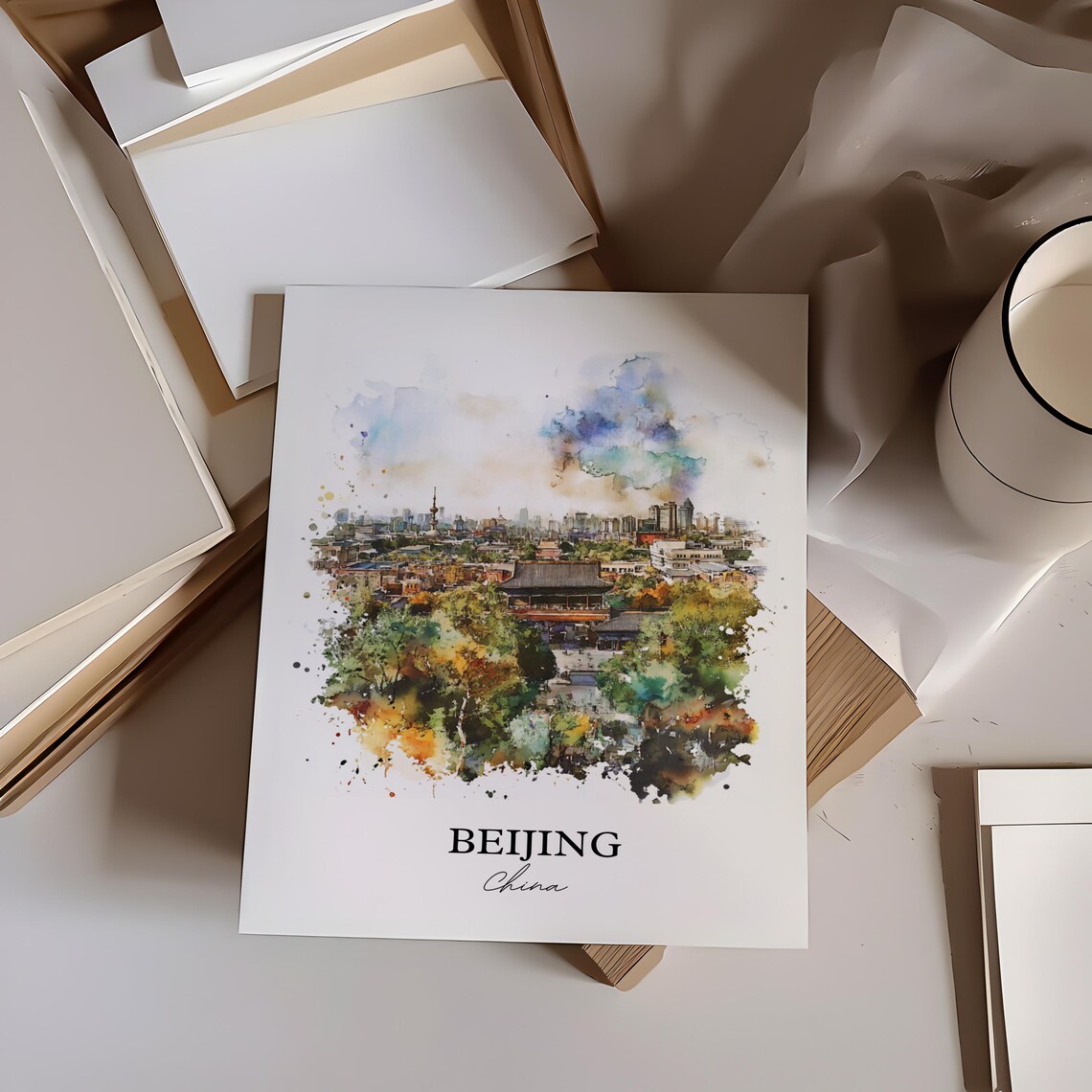 Beijing China Skyline Pagoda Cityscape Watercolor Travel Poster - Image 3
