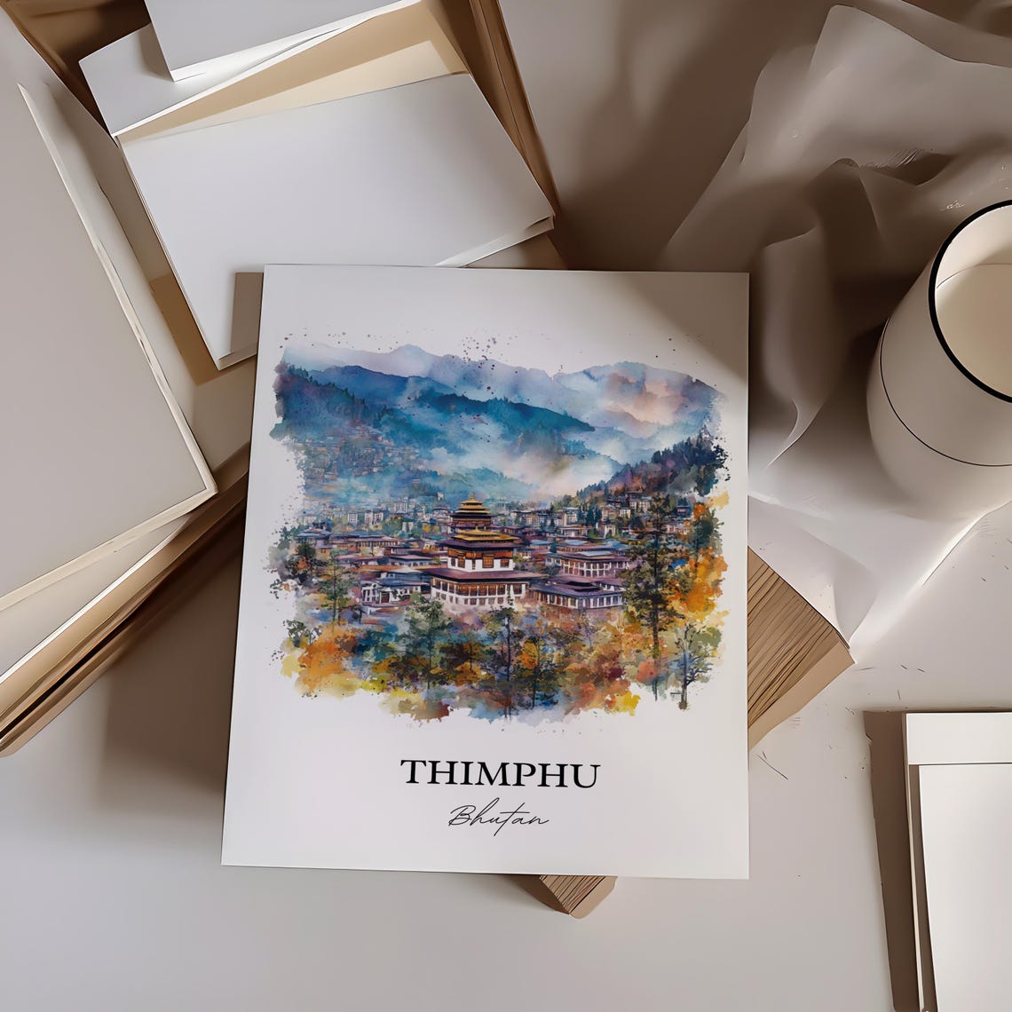 Thimphu Bhutan Watercolor Capital City Valley Dzong View Poster - Image 3