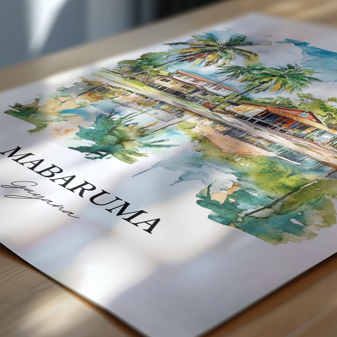 Mabaruma Guyana Watercolor Riverside Houses Palms Scene Poster - Image 7