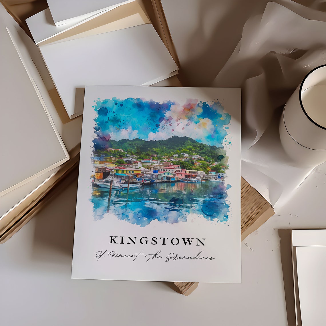 Kingstown Saint Vincent Harbor Caribbean Watercolor Travel Poster - Image 6
