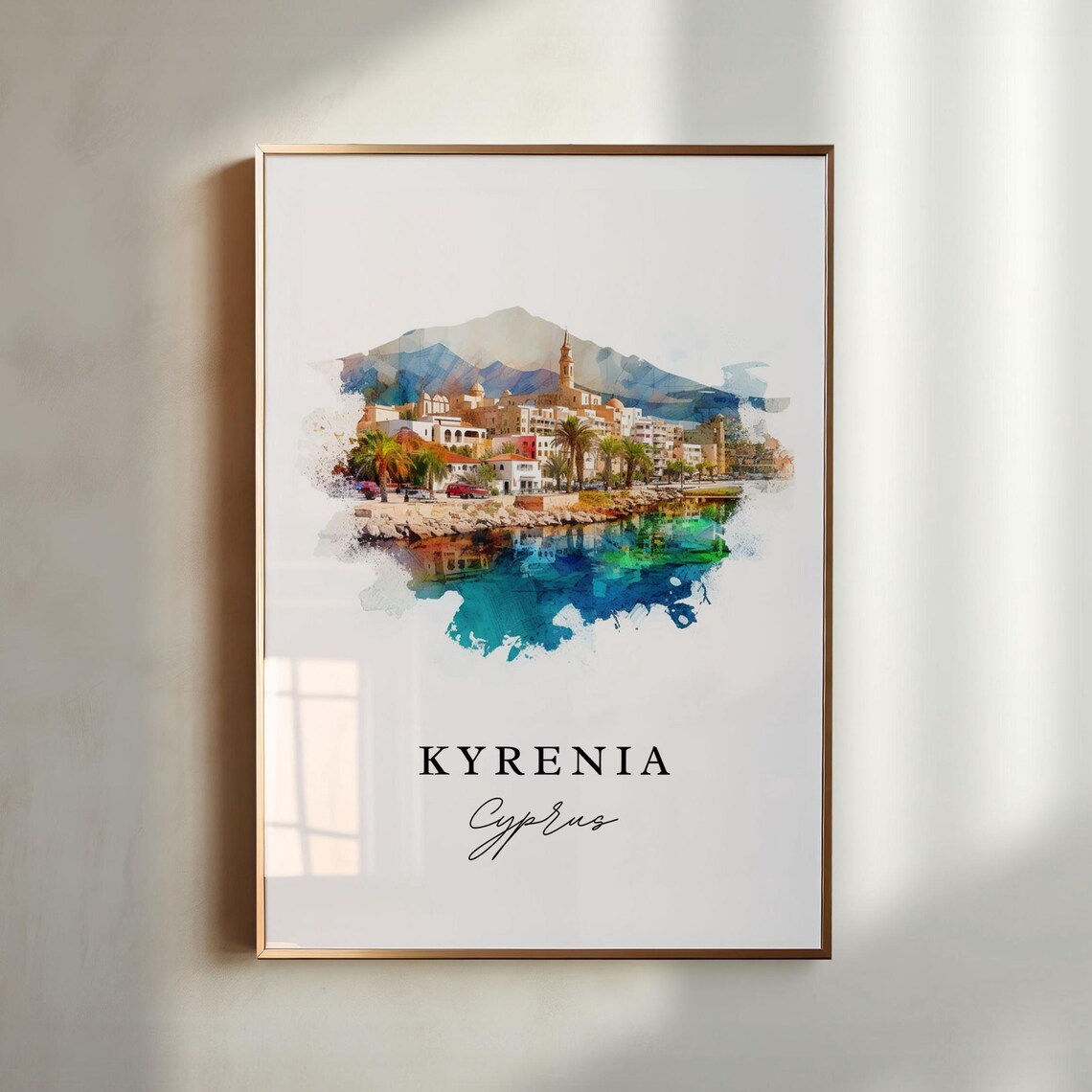 Kyrenia Cyprus Coastal Palm Town Harbor Watercolor Travel Poster
