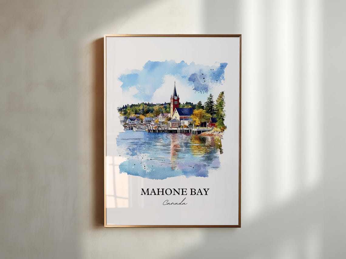 Mahone Bay Nova Scotia Harbor Church Steeple Watercolor Poster - Image 5