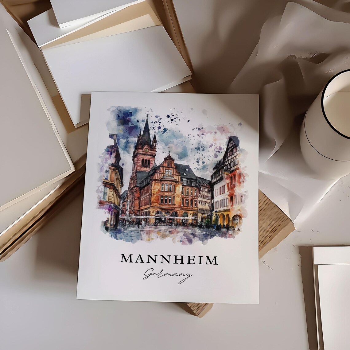 Mannheim Germany Historic Old Town Market Square Watercolor Poster - Image 6