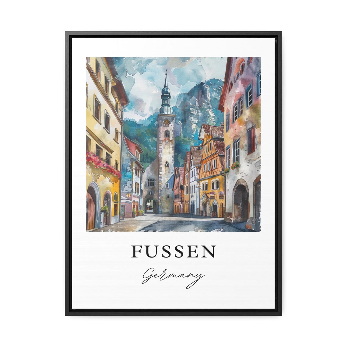 Fussen Germany Watercolor Old Town Clock Tower Mountains Poster - Image 2