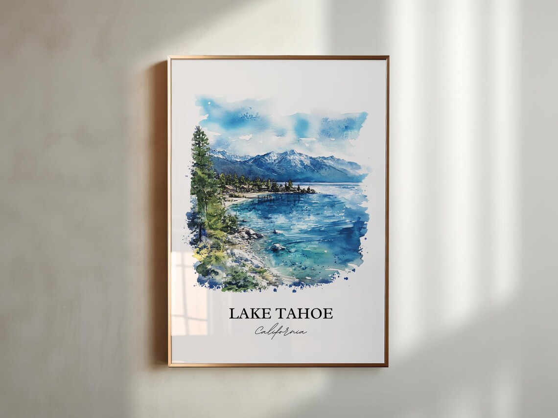 Lake Tahoe California Watercolor Turquoise Water Snow Mountains Poster - Image 5