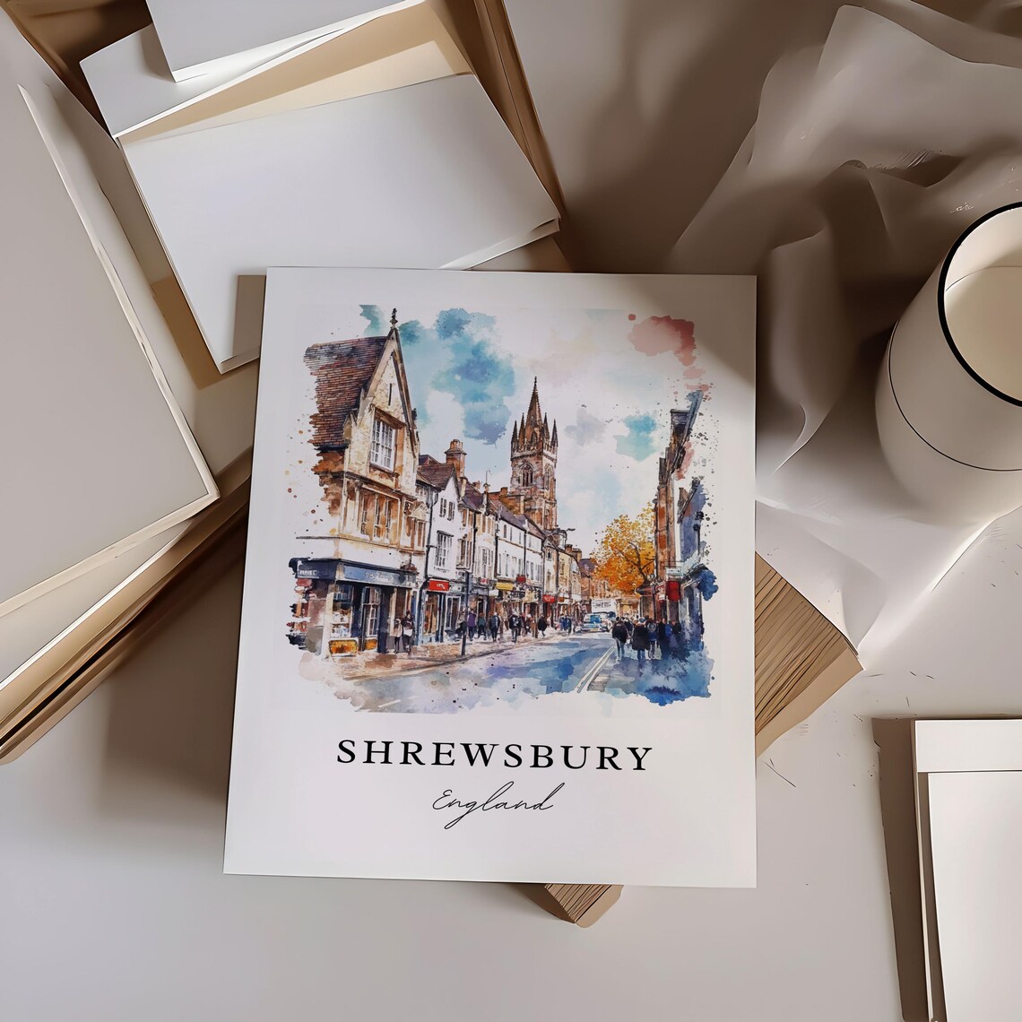 Shrewsbury England Historic High Street Watercolor Travel Poster - Image 6