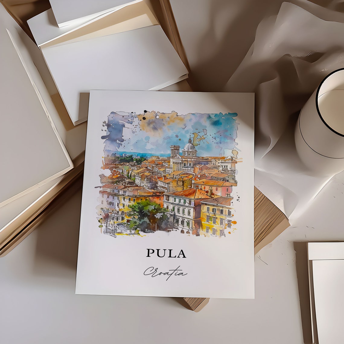 Pula Croatia Historic Old Town Cathedral Watercolor City Poster - Image 6