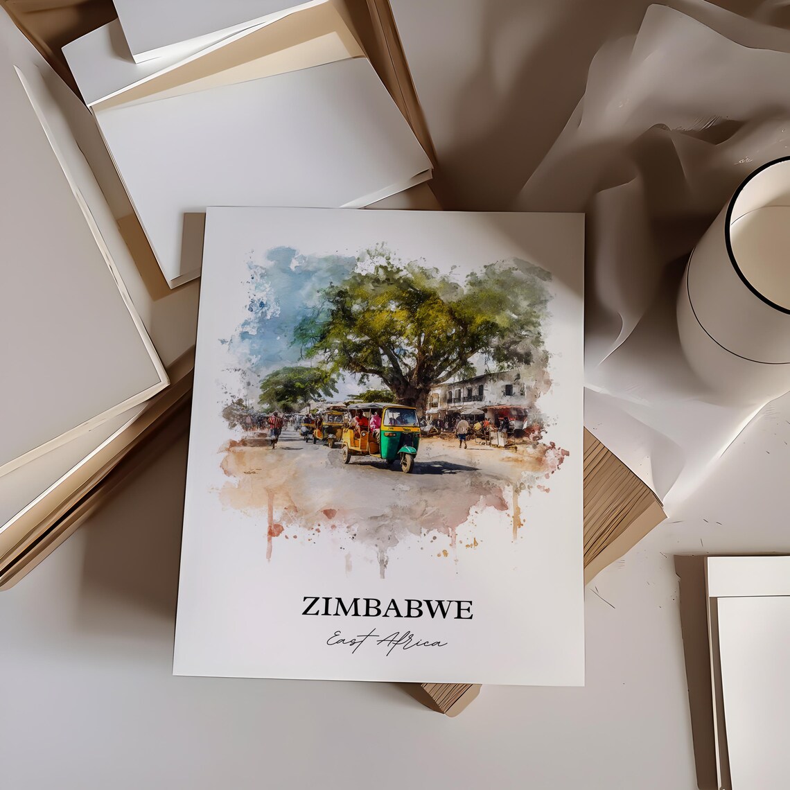 Zimbabwe East Africa Tuk Tuk Street Scene Watercolor Travel Poster - Image 3