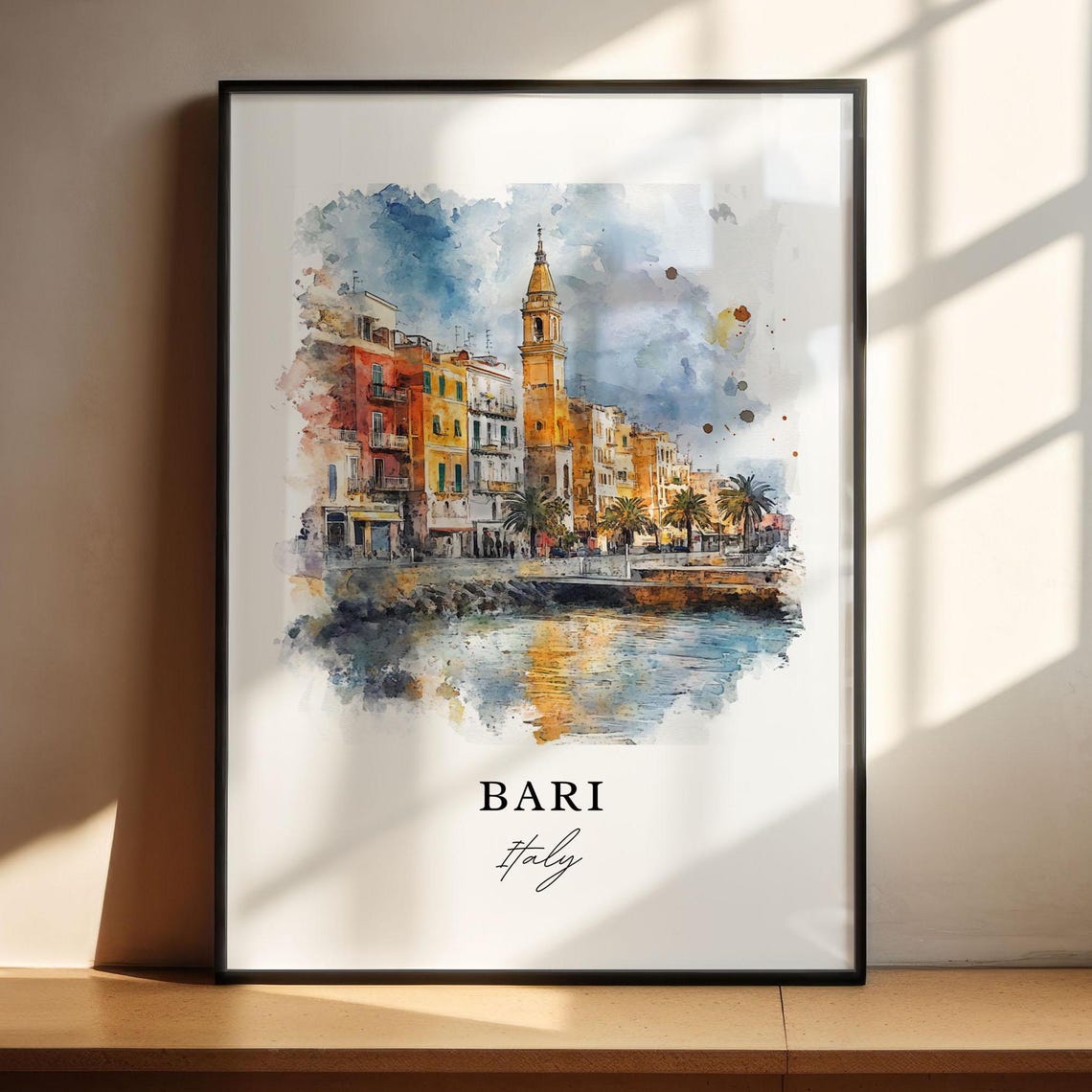 Bari Italy Watercolor Waterfront Palms Church Tower Puglia Poster