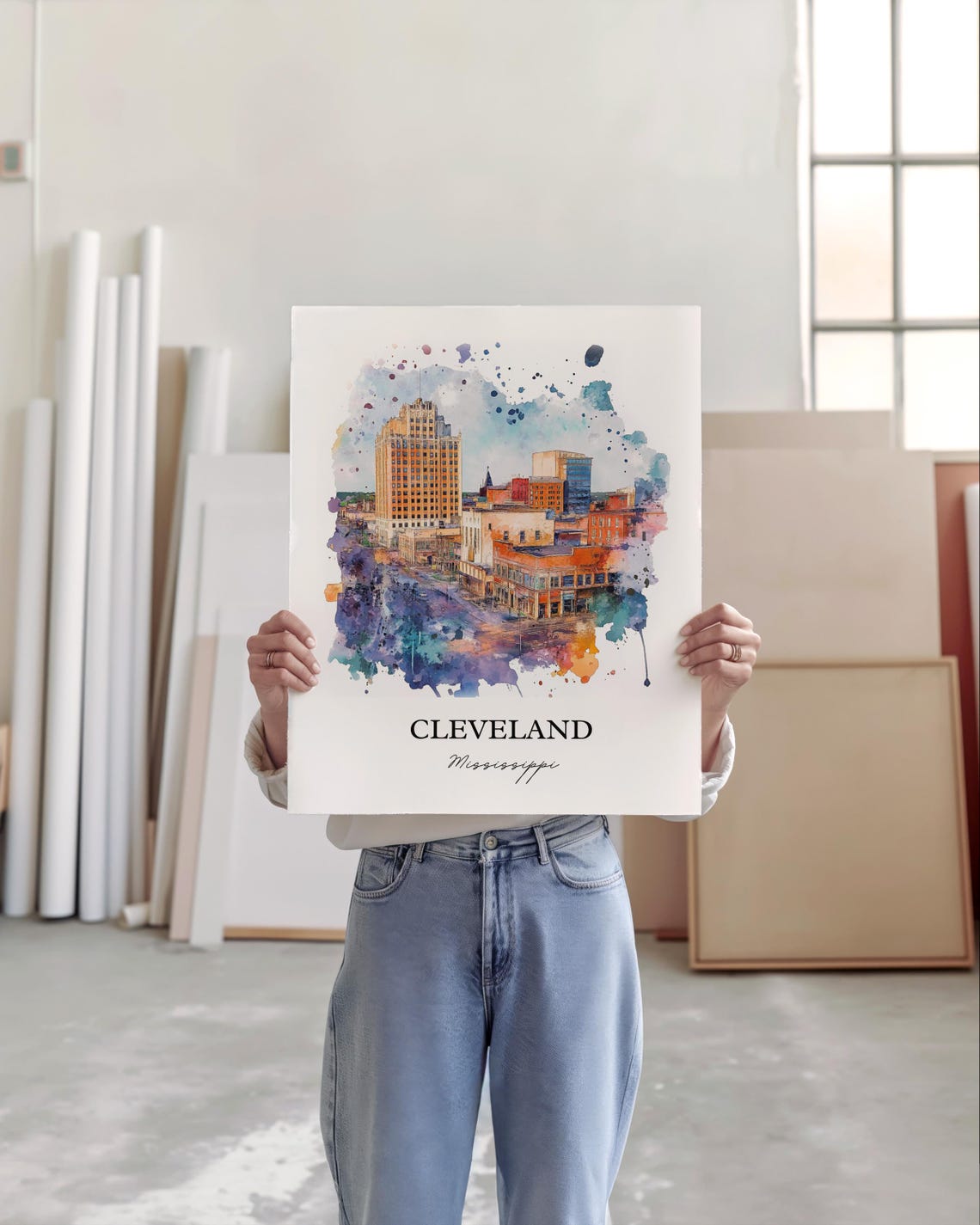 Cleveland Mississippi Downtown Skyline Splash Watercolor Poster - Image 2