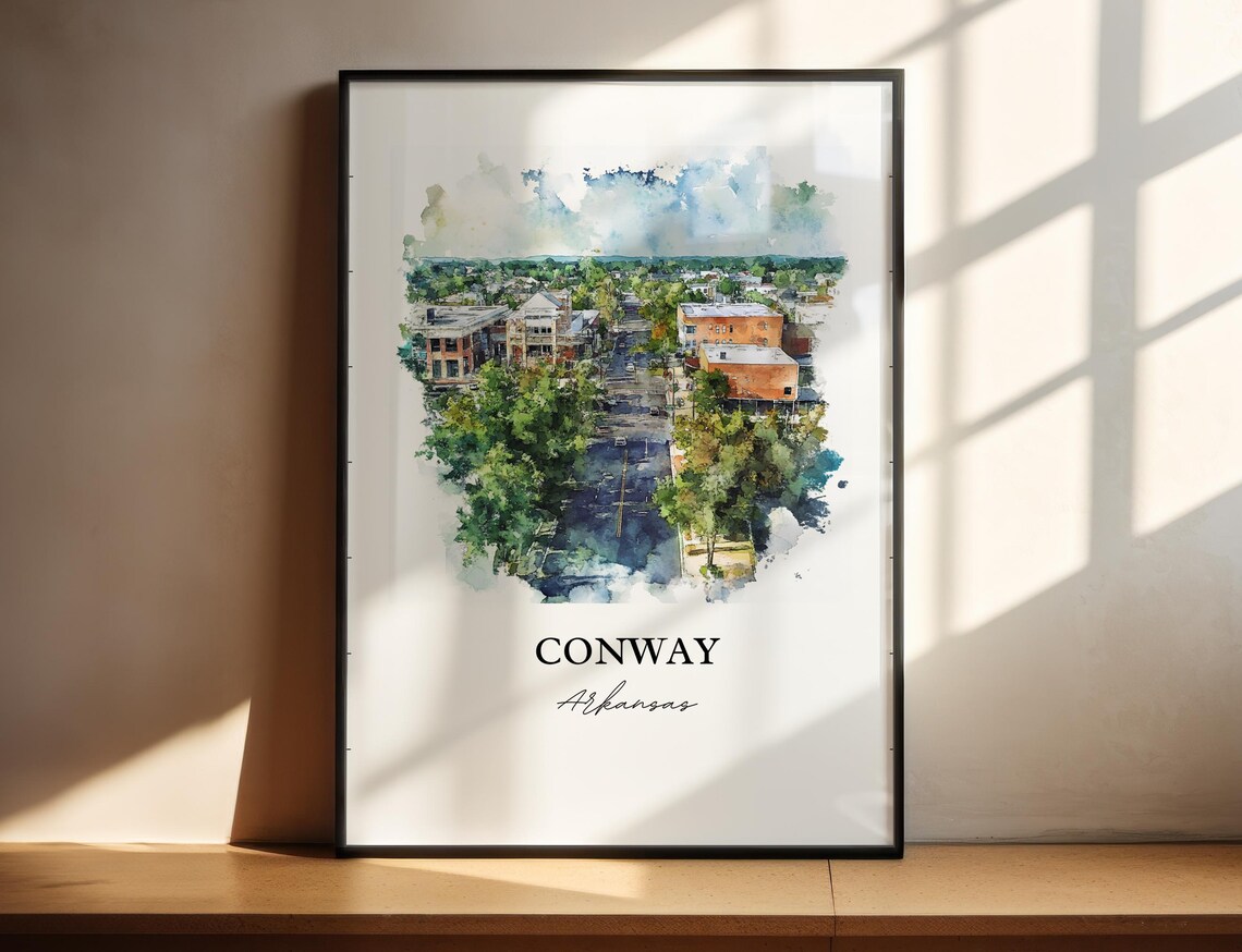 Conway Arkansas Tree Lined Street Aerial Watercolor Travel Poster
