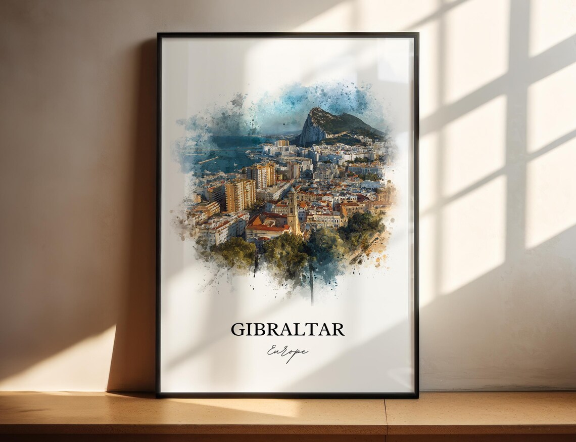 Gibraltar The Rock City Watercolor Aerial View Travel Europe Poster