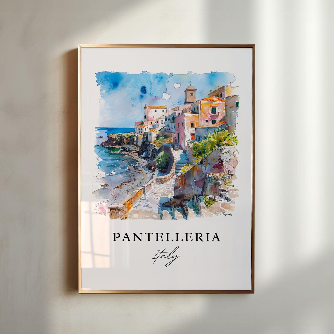 Pantelleria Italy Cliffside Village Coast Watercolor Island Poster