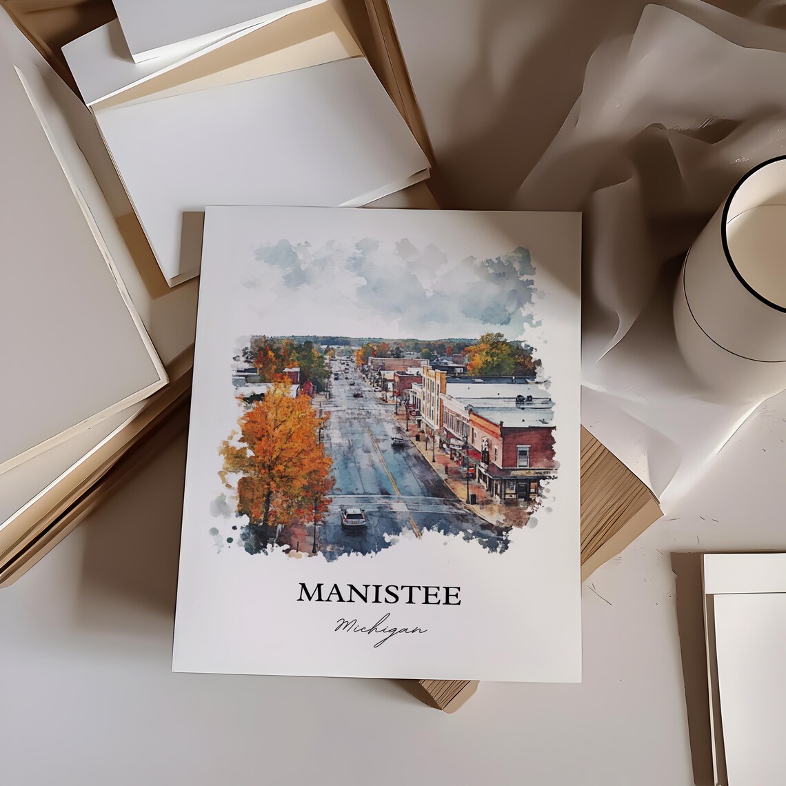 Manistee Michigan Autumn Main Street Small Town Watercolor Poster - Image 3