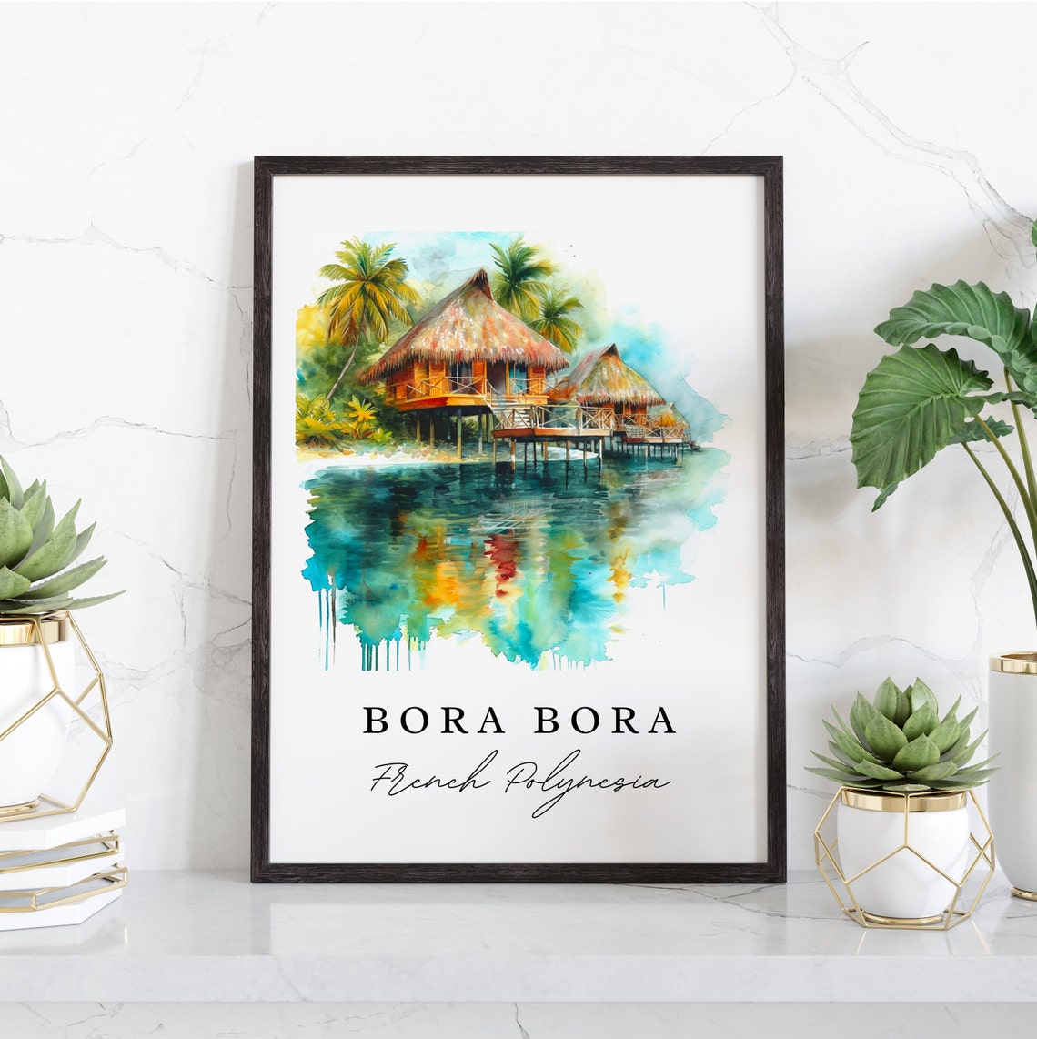 Bora Bora French Polynesia Overwater Bungalows Watercolor Poster - Image 2