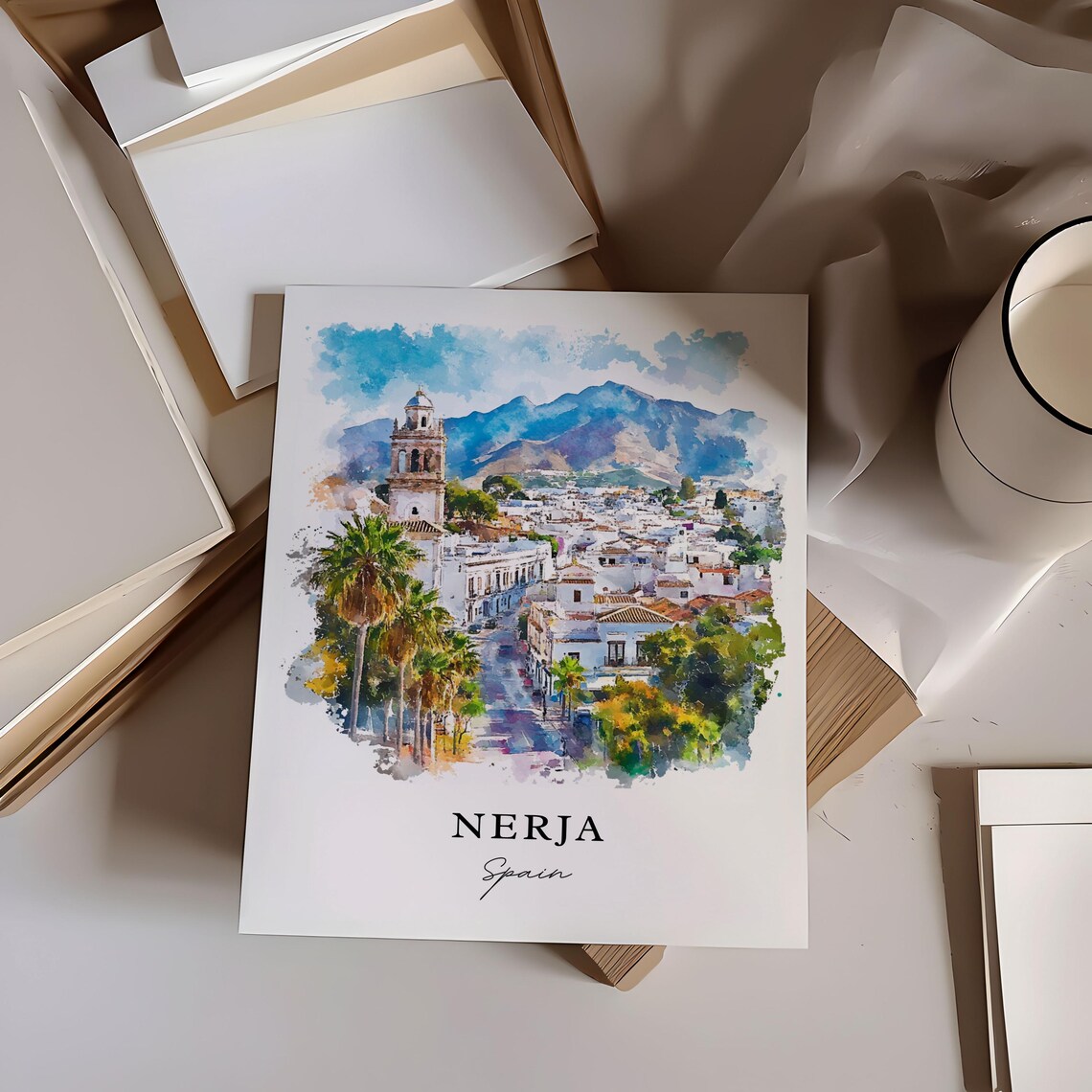Nerja Spain White Town Watercolor Mountain Street Travel Art Poster - Image 6