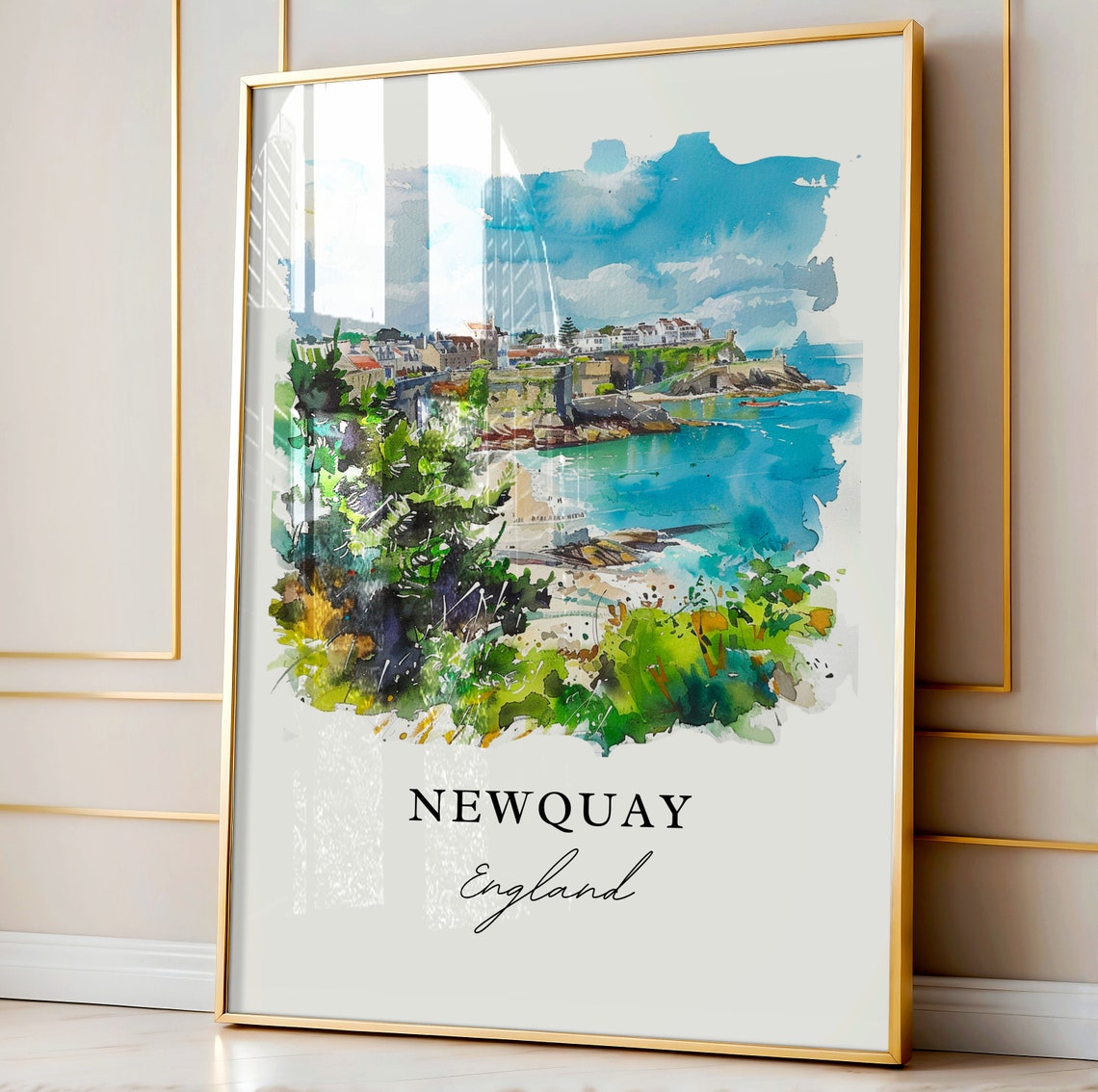 Newquay England Cornwall Coastal Cliffs Beach Watercolor Poster - Image 4