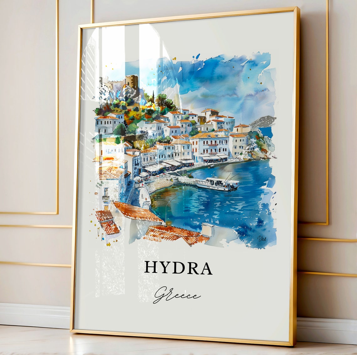 Hydra Greece Island Harbor Town Sparkling Watercolor Travel Poster - Image 4