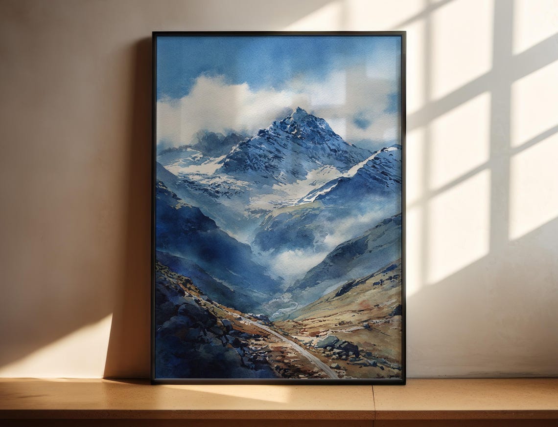 Huaraz Peru Snow Capped Andes Mountain Watercolor Blue Peaks Poster